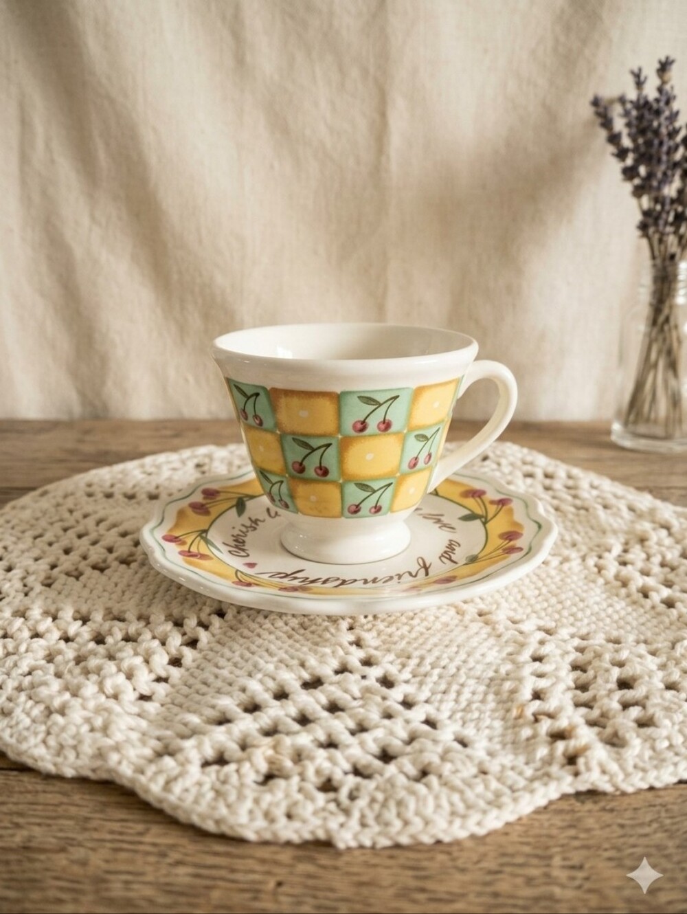 Vintage Cottagecore Cherry Accent Vandor 1995 Tea Cup & Saucer Set